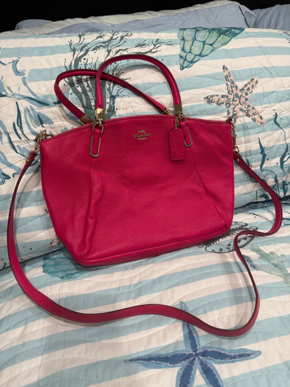Coach Pebbled Leather Small Kelsey Satchel in Hot Pink with Gold Hardware